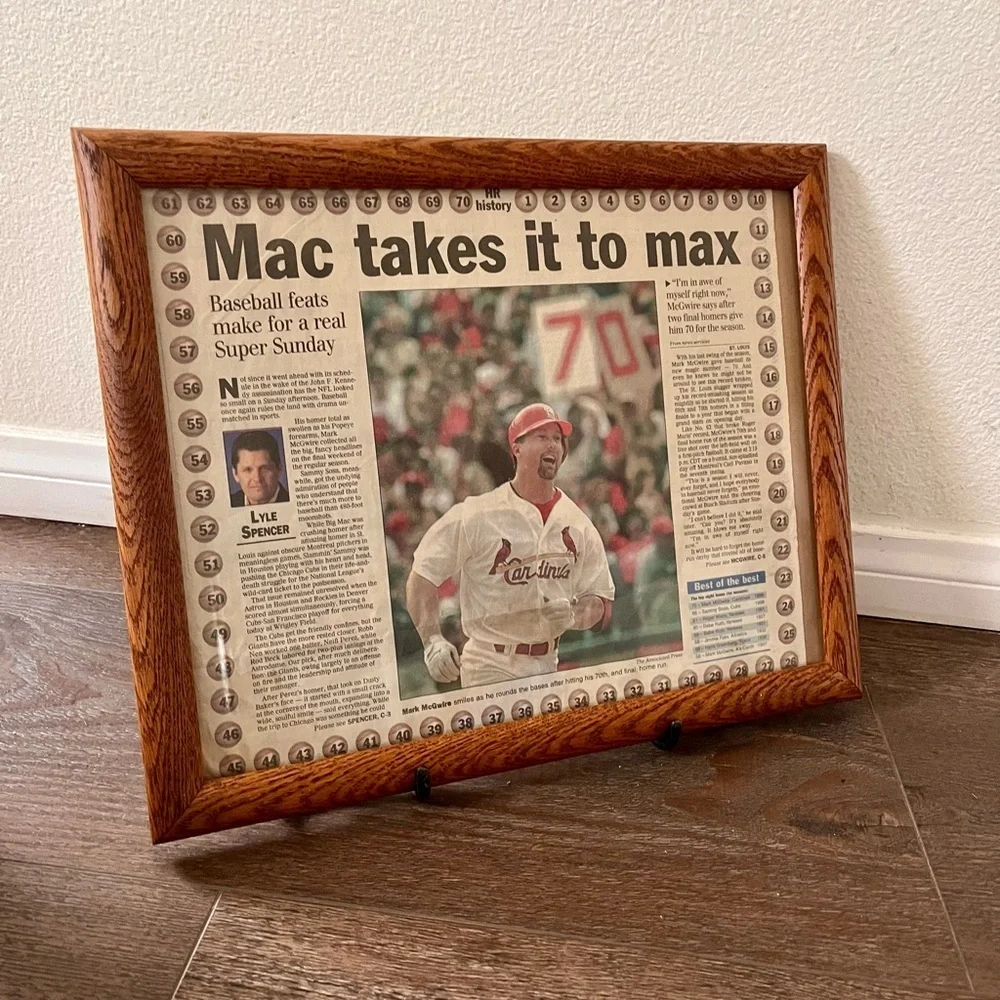 Framed Baseball Newspaper Article in Brown Frame Mark McGuire 13/16 inch